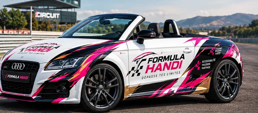 Audi TT S line Cabriolet aux couleurs de Formula Handi, sur la piste d'un circuit